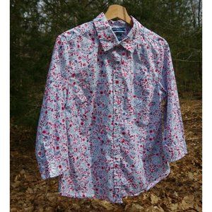 Women's M 100% Cotton Karen Scott Blue & Pink Floral 3/4-Sleeve Collared Shirt